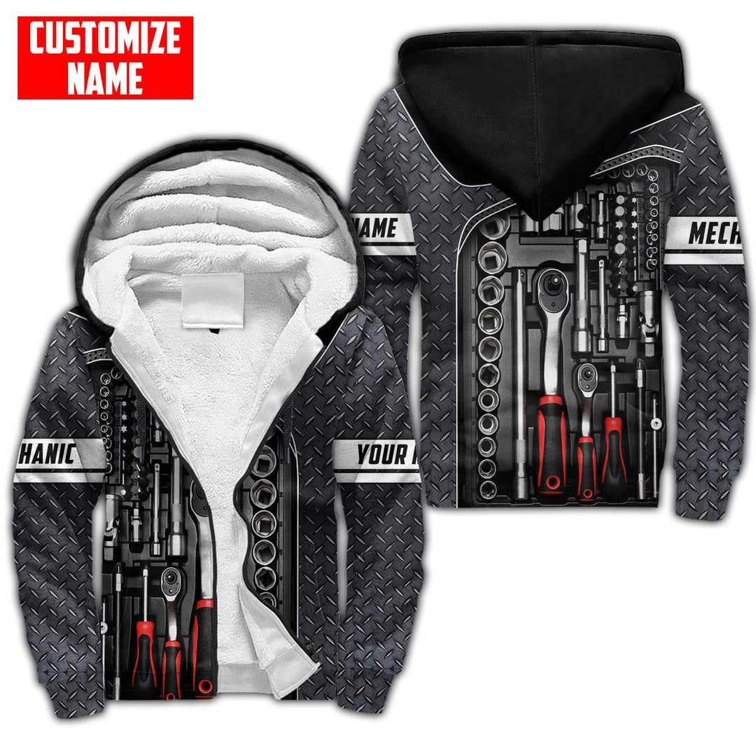 Personalized mechanic fleece zip hoodie featuring diamond plate tool print all-over print, fleece lining shown