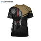 Personalized firefighter t-shirt featuring distressed flag and fire badge all-over print, back view