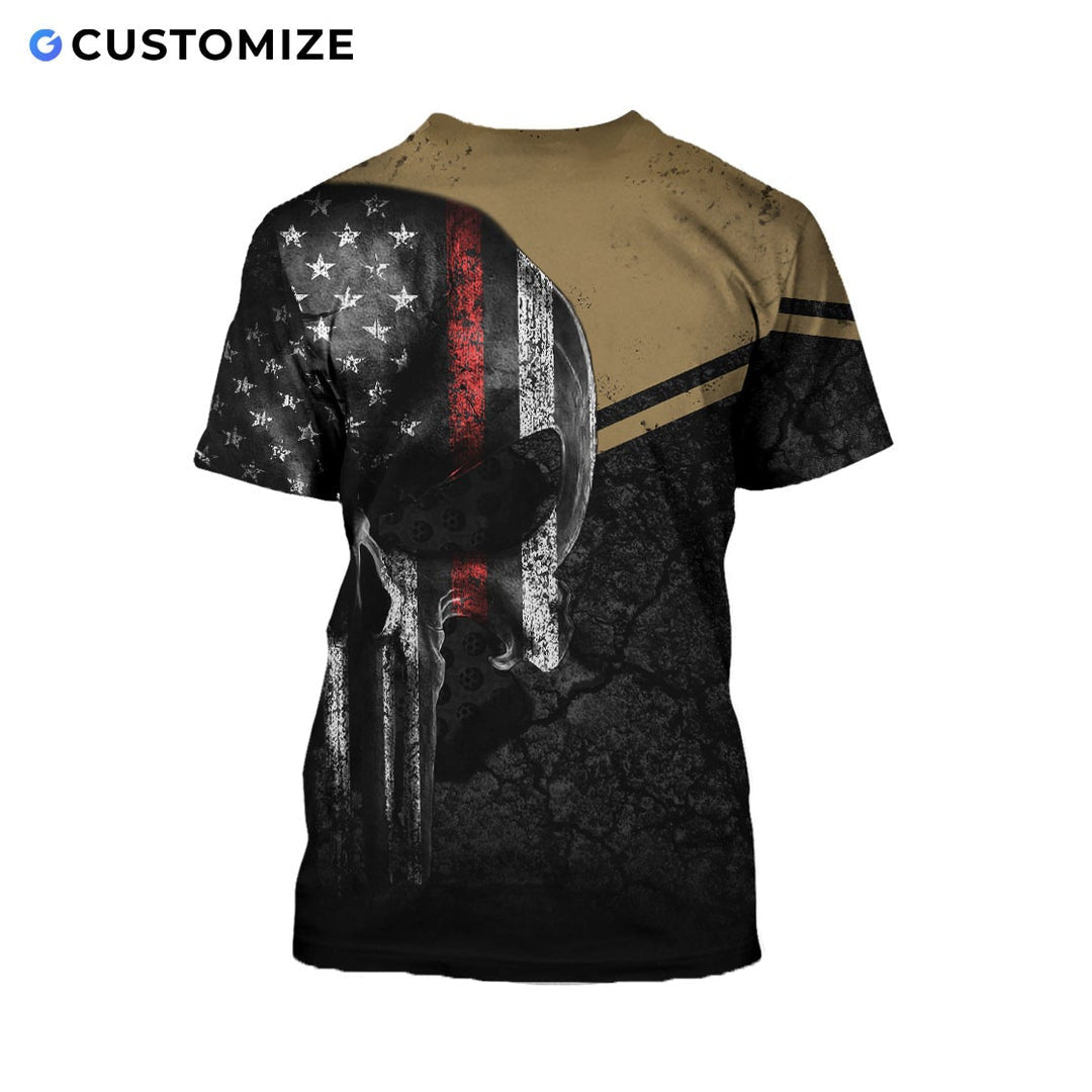 Personalized firefighter t-shirt featuring distressed flag and fire badge all-over print, back view