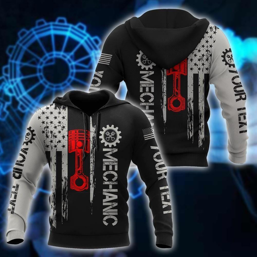 Personalized mechanic hoodie featuring black white tools red wrench all-over print