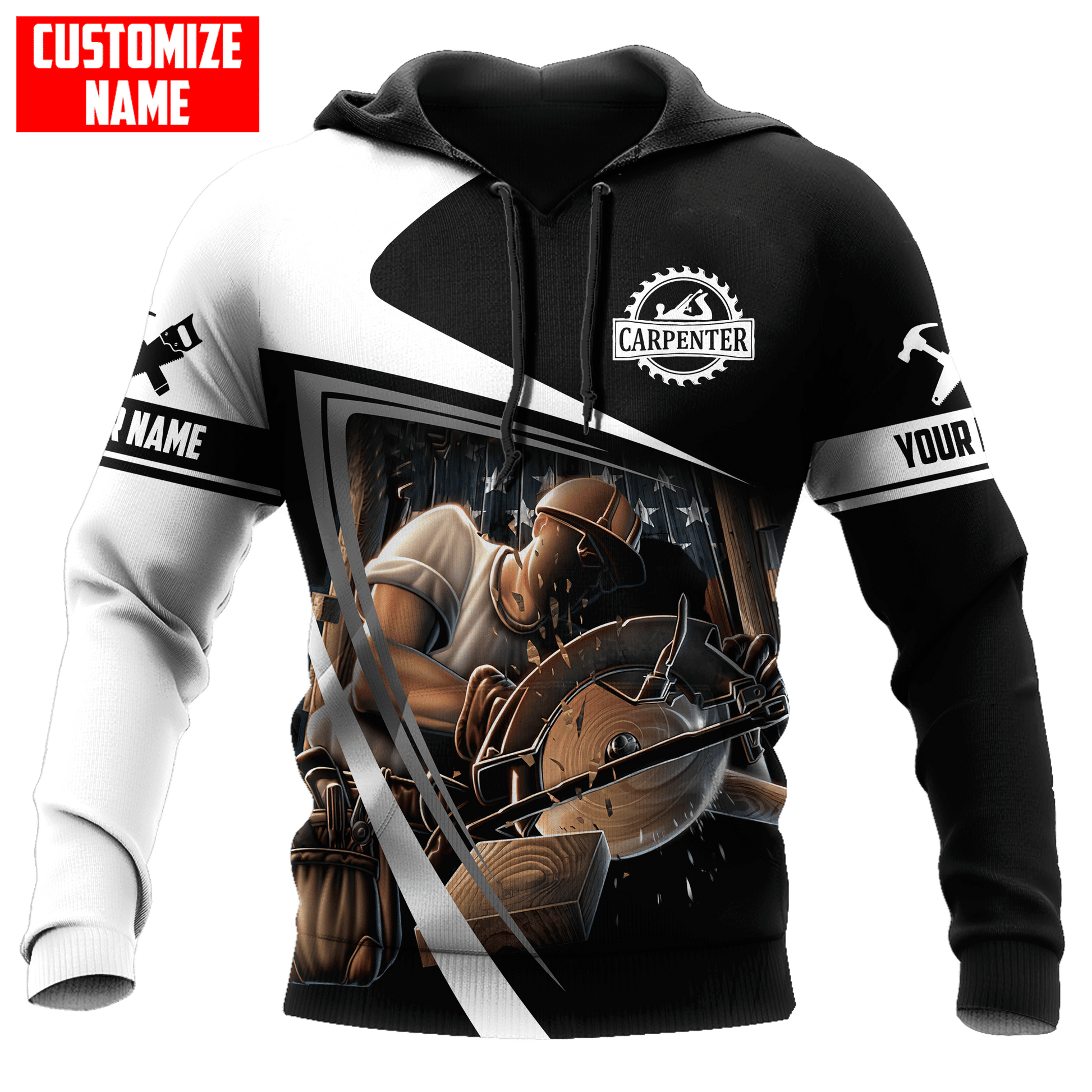 Personalized carpenter hoodie featuring black white panel circular saw all-over print
