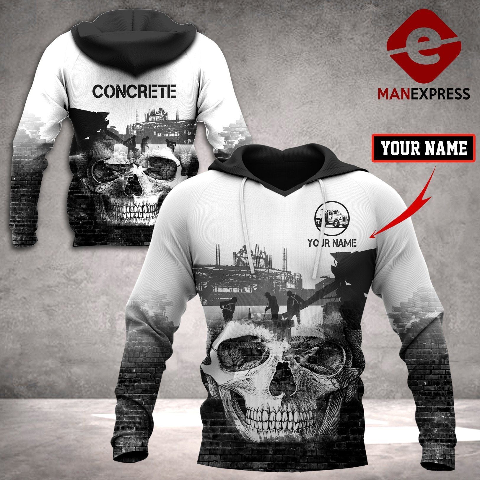 Concrete finisher hoodie featuring white grey concrete skull all-over print