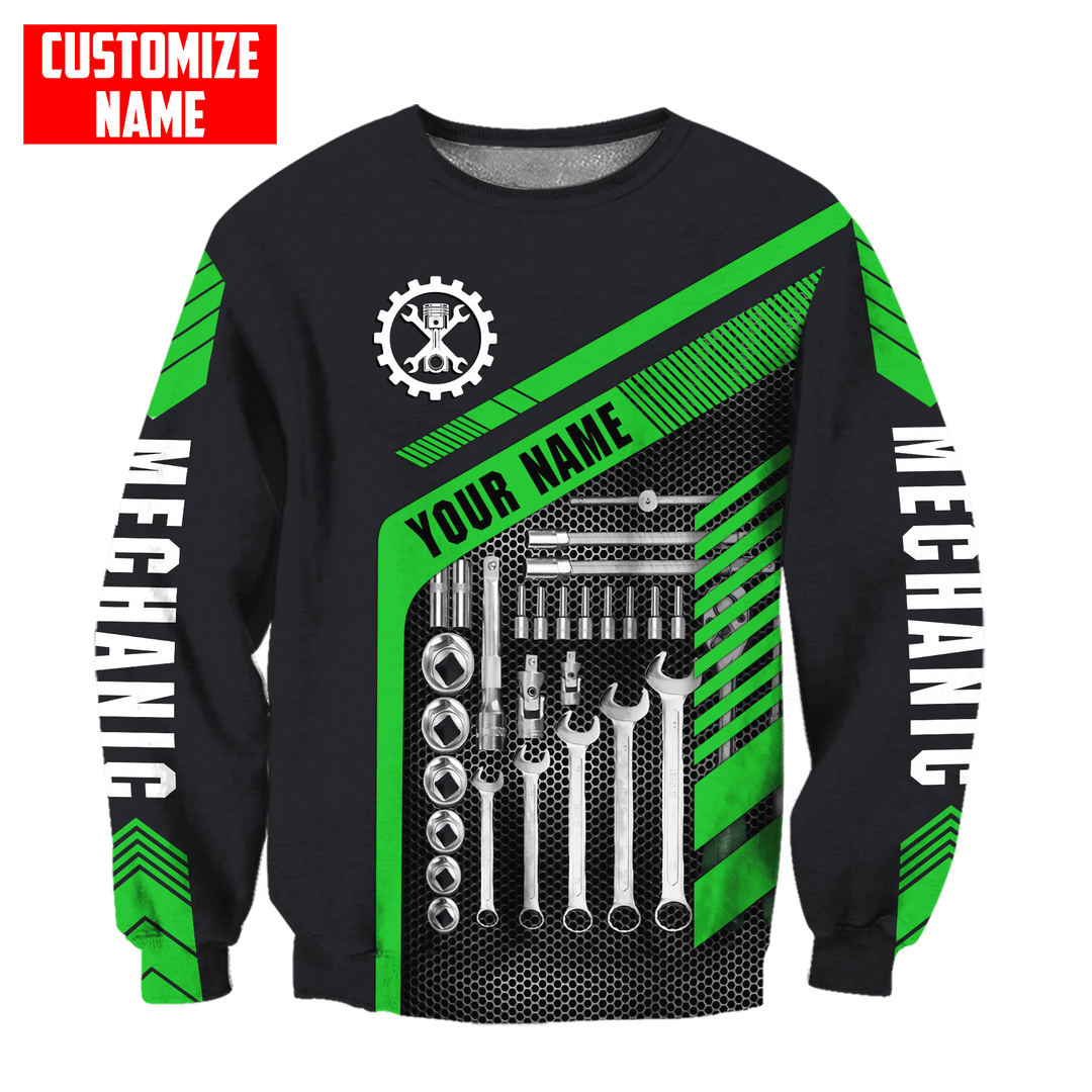 Personalized mechanic sweatshirt featuring green tool box print all-over print, crewneck design