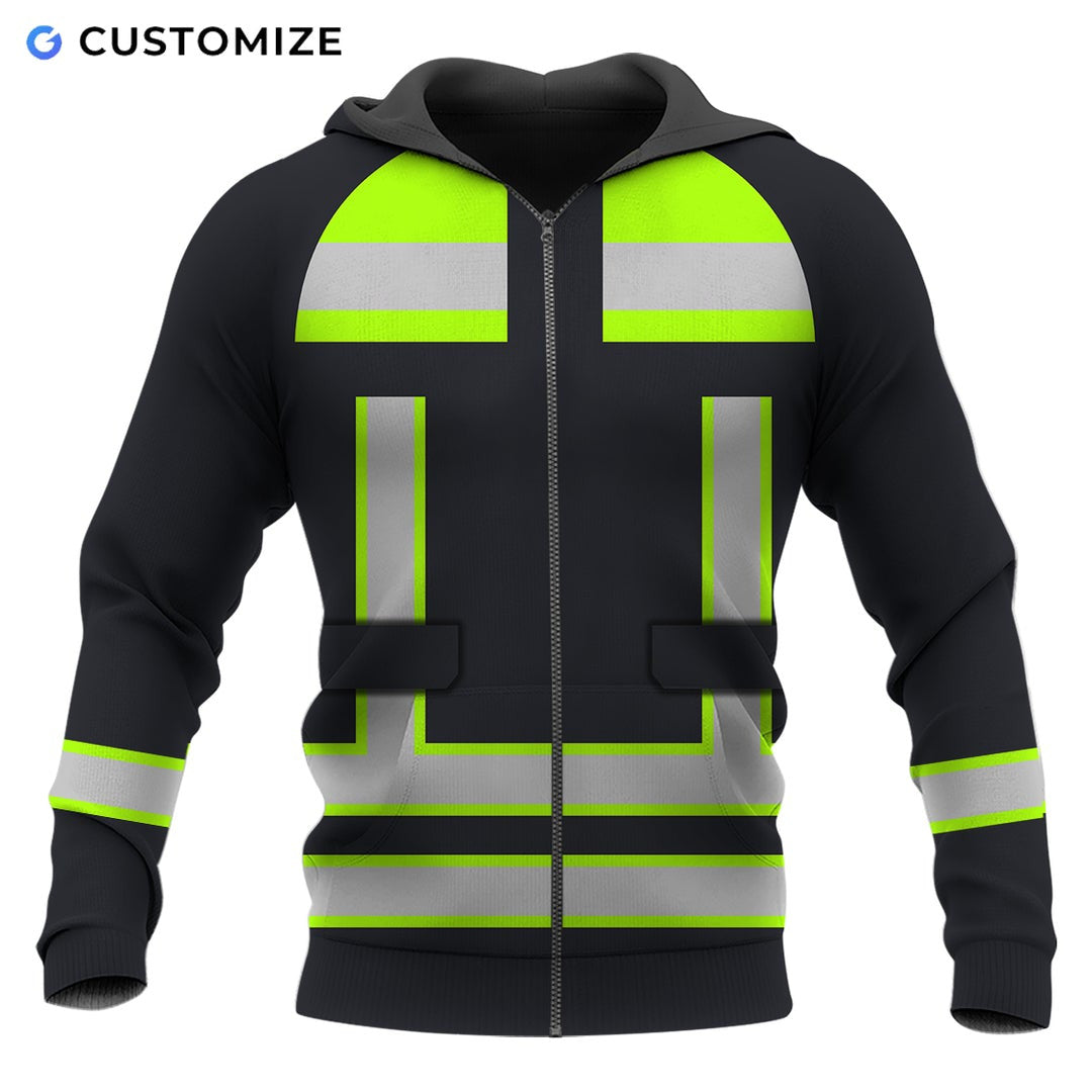 Personalized EMS paramedic zip hoodie featuring black and yellow vest print all-over print, zip-front design