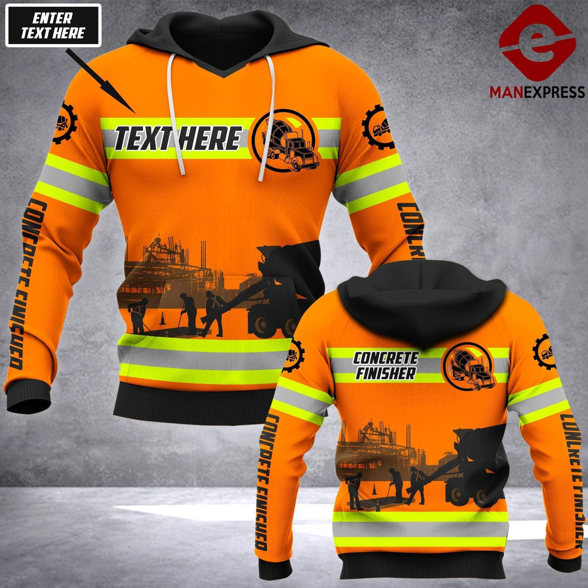 Concrete finisher hoodie featuring orange concrete crew and nine to five quote all-over print