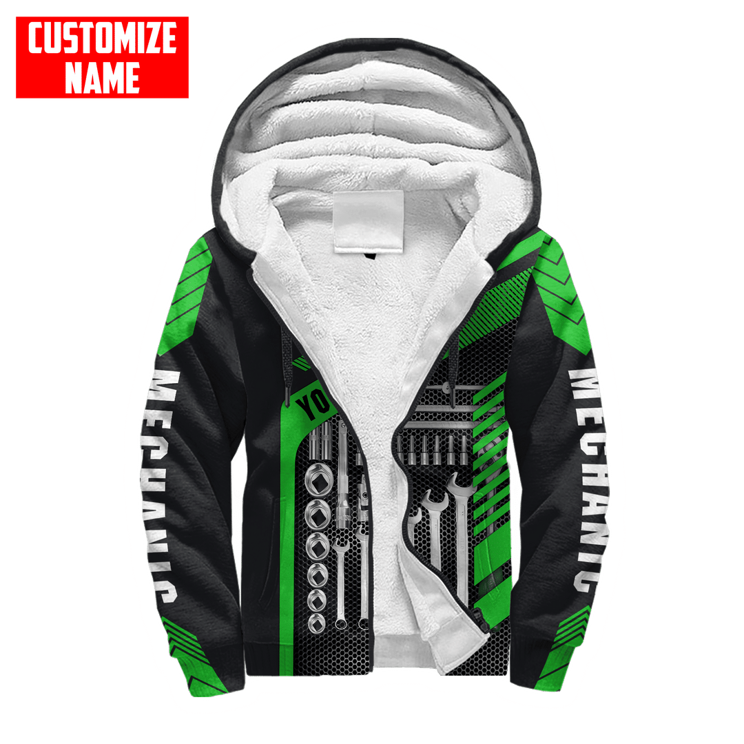 Personalized mechanic fleece zip hoodie featuring green tool box print all-over print, fleece lining shown