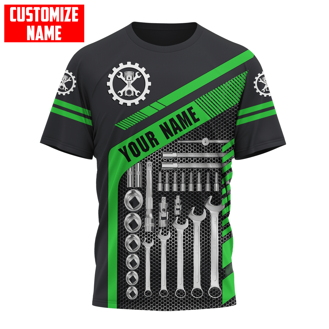 Personalized mechanic t-shirt featuring green tool box print all-over print, short-sleeve design