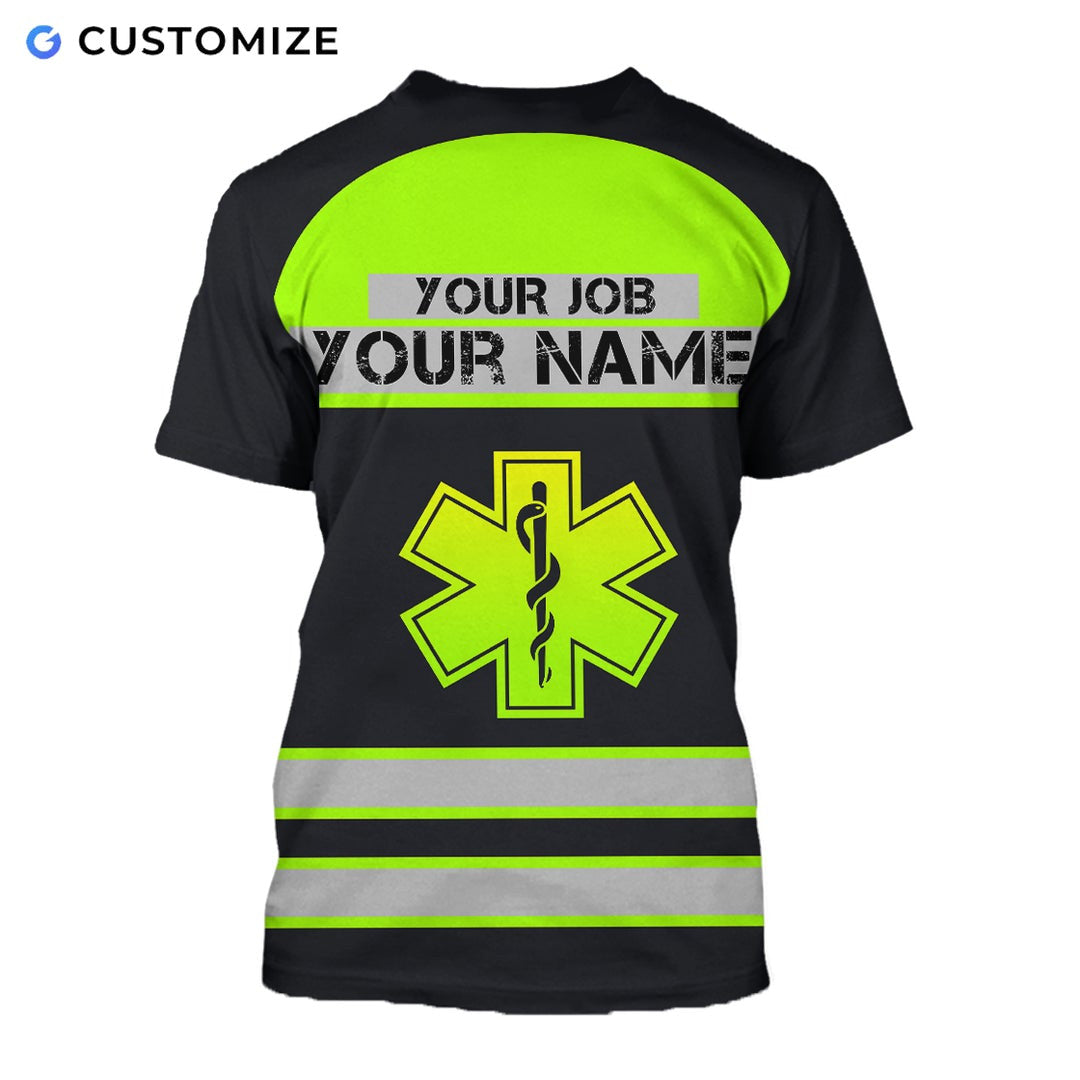 Personalized EMS paramedic t-shirt featuring black and yellow vest print all-over print, back view