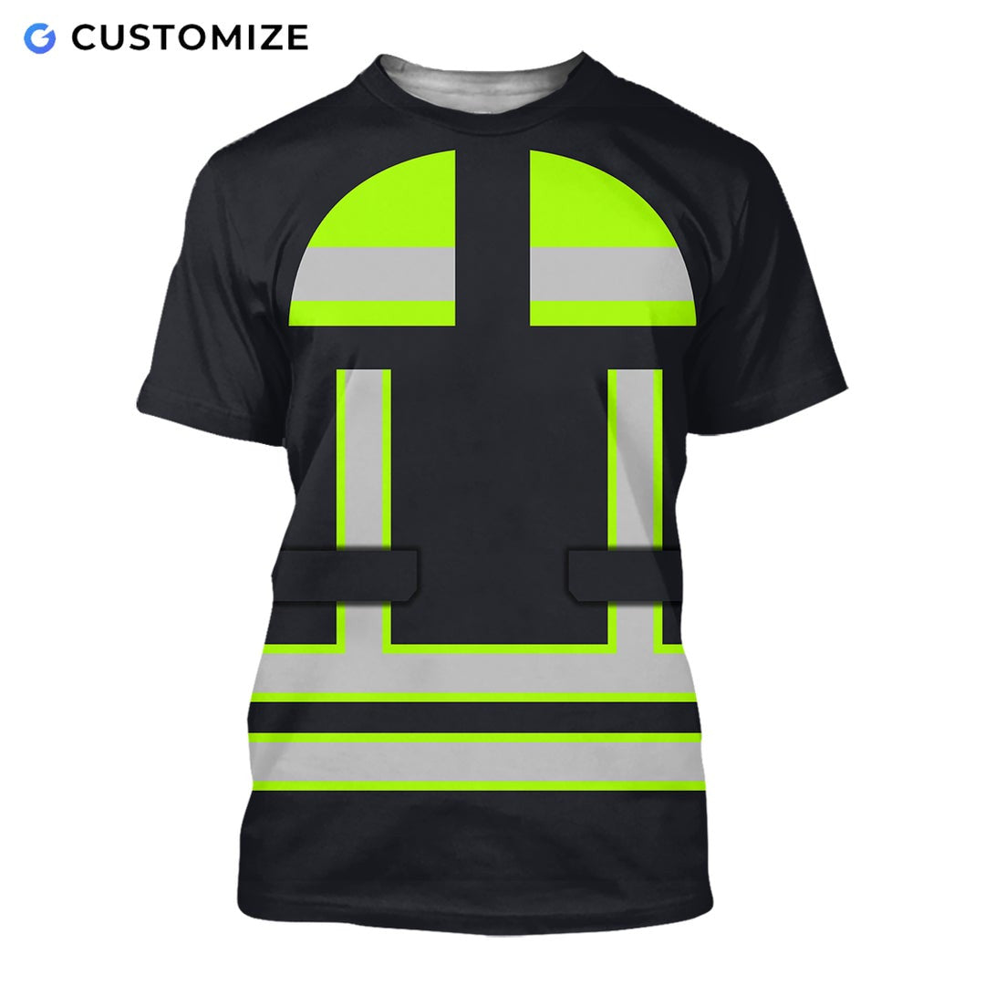 Personalized EMS paramedic t-shirt featuring black and yellow vest print all-over print, short-sleeve design