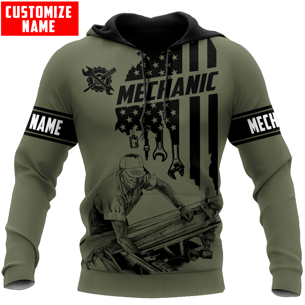 Personalized mechanic hoodie featuring olive green american flag mechanic all-over print