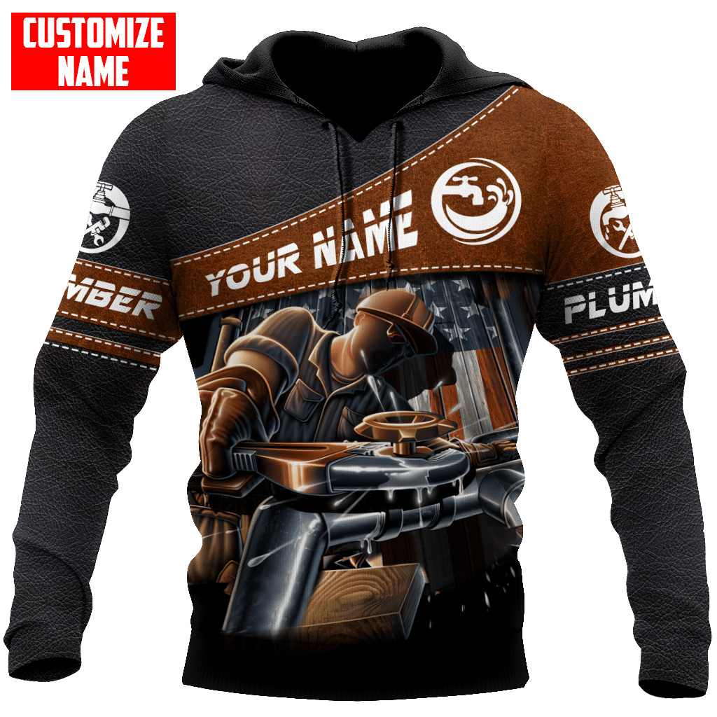 Personalized plumber hoodie featuring brown diagonal panel plumber at work all-over print