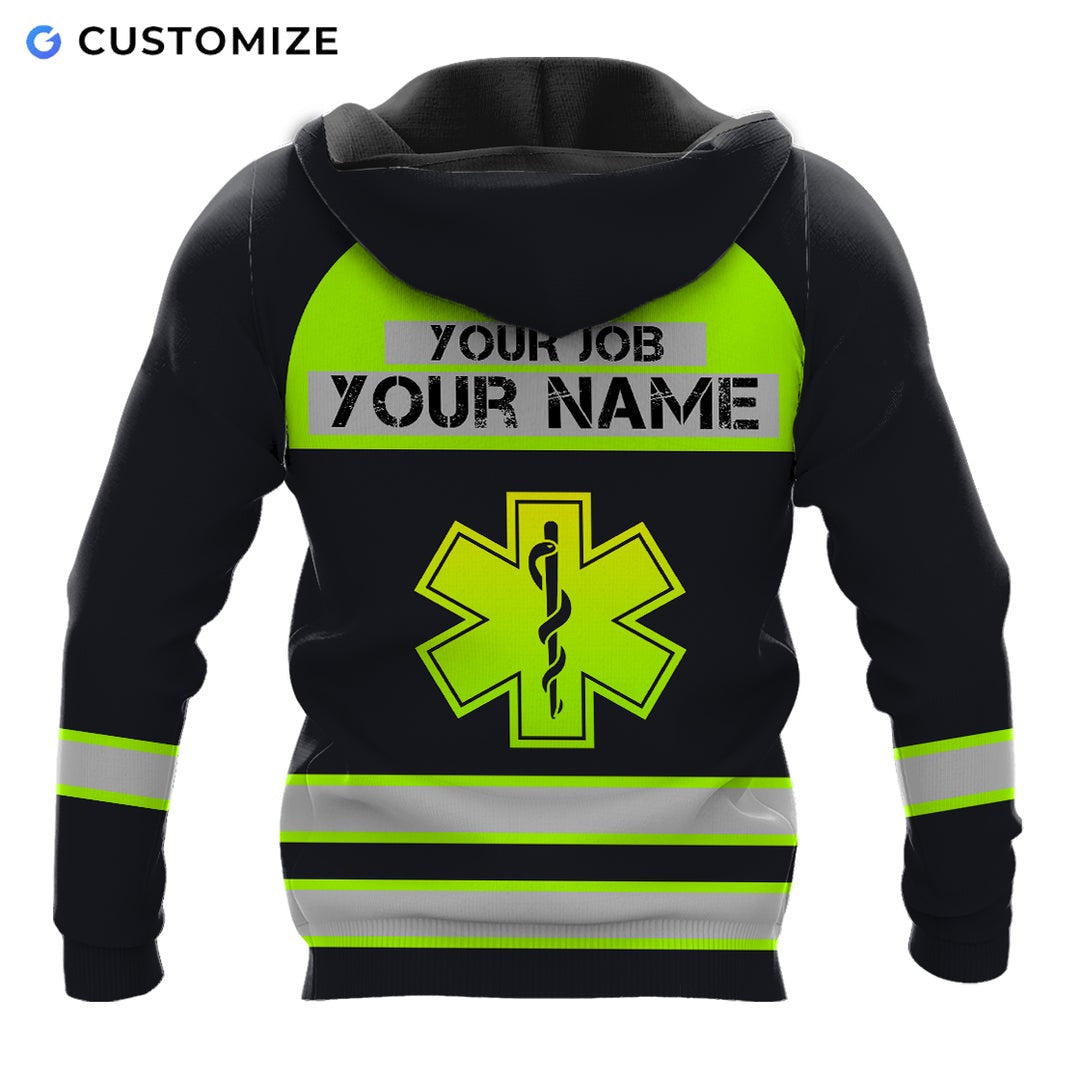 Personalized EMS paramedic hoodie featuring black and yellow vest print all-over print, back view