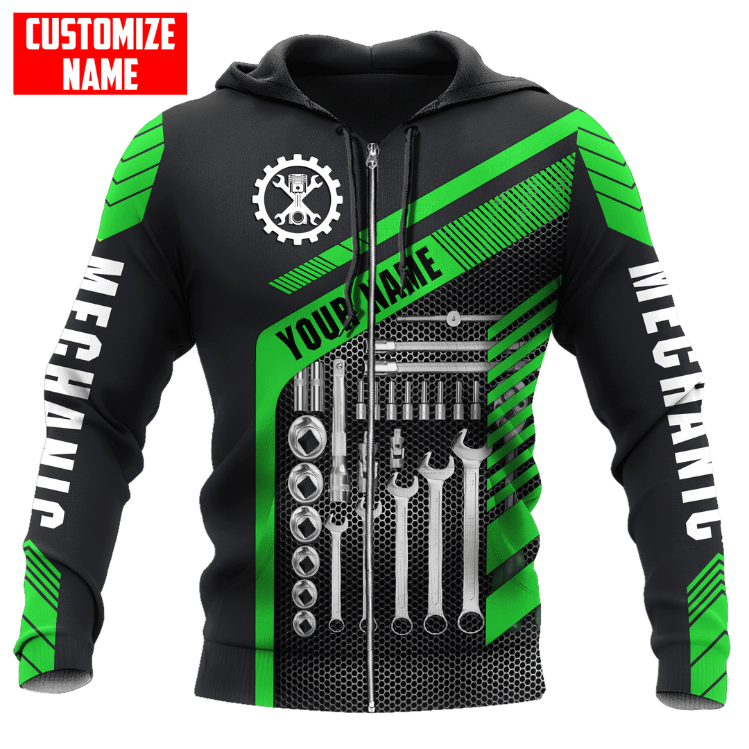 Personalized mechanic zip hoodie featuring green tool box print all-over print, zip-front design