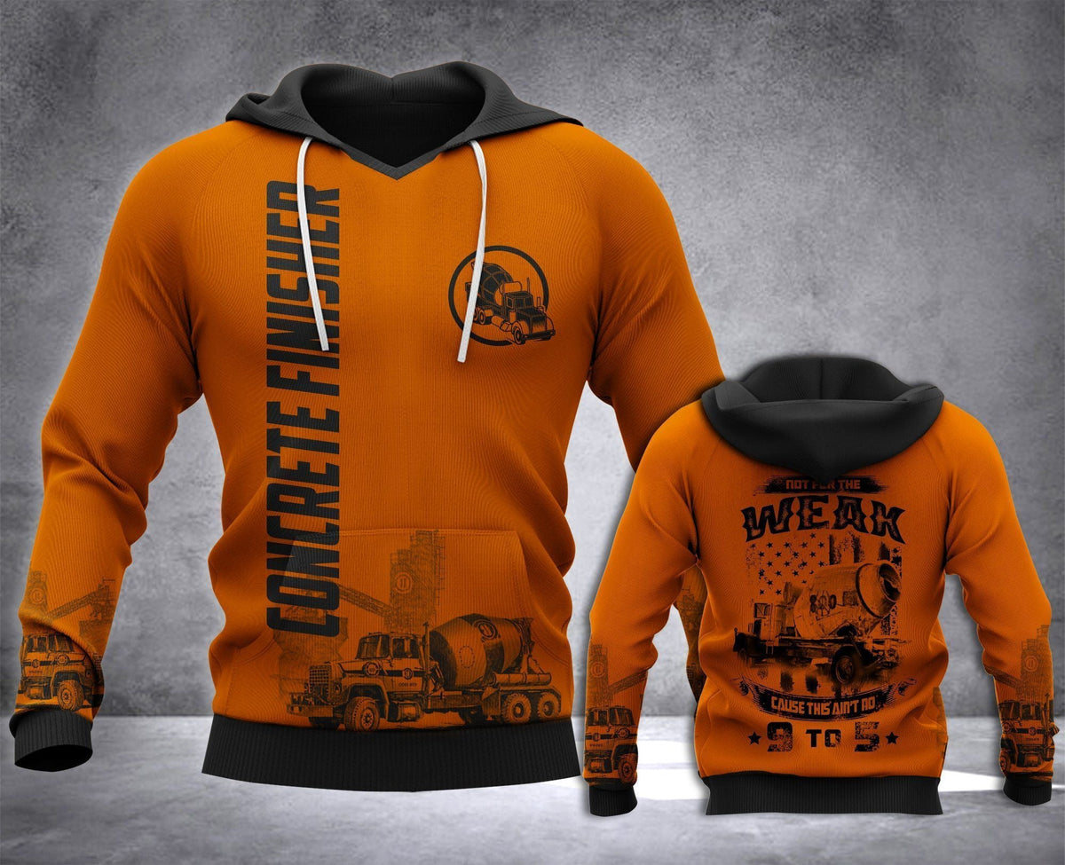 Concrete finisher hoodie featuring orange concrete mixer and work crew all-over print