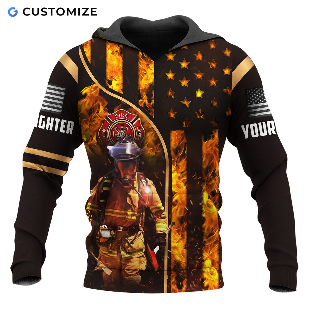 Personalized firefighter hoodie featuring firefighter and flame flag all-over print
