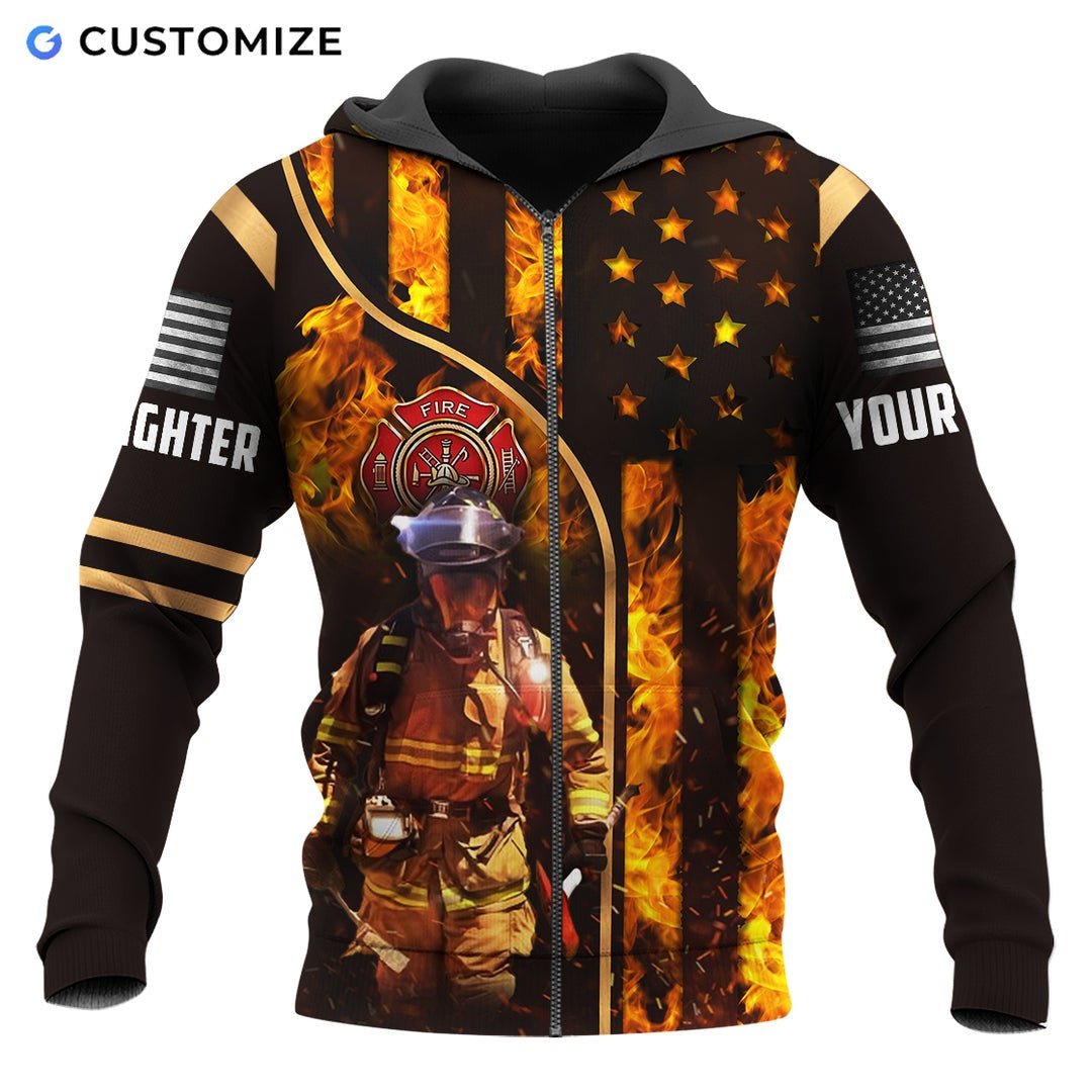 Personalized firefighter zip hoodie featuring firefighter and flame flag all-over print, zip-front design