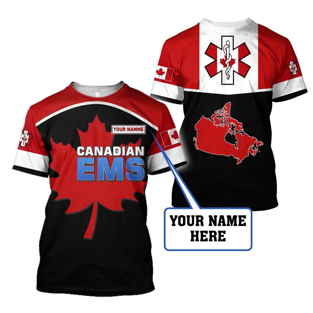 Personalized EMS paramedic t-shirt featuring canadian ems maple leaf all-over print, short-sleeve design
