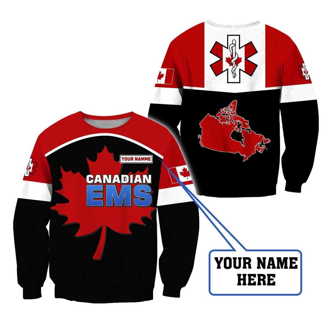 Personalized EMS paramedic sweatshirt featuring canadian ems maple leaf all-over print, crewneck design