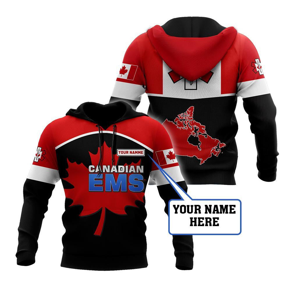 Personalized EMS paramedic hoodie featuring canadian ems maple leaf all-over print