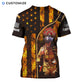 Personalized firefighter t-shirt featuring firefighter and flame flag all-over print, back view
