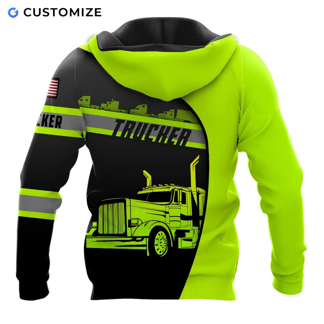 Personalized trucker hoodie featuring neon yellow black diagonal semi truck all-over print, back view