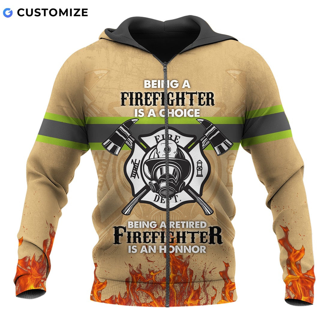 Personalized firefighter zip hoodie featuring retired firefighter print all-over print, zip-front design