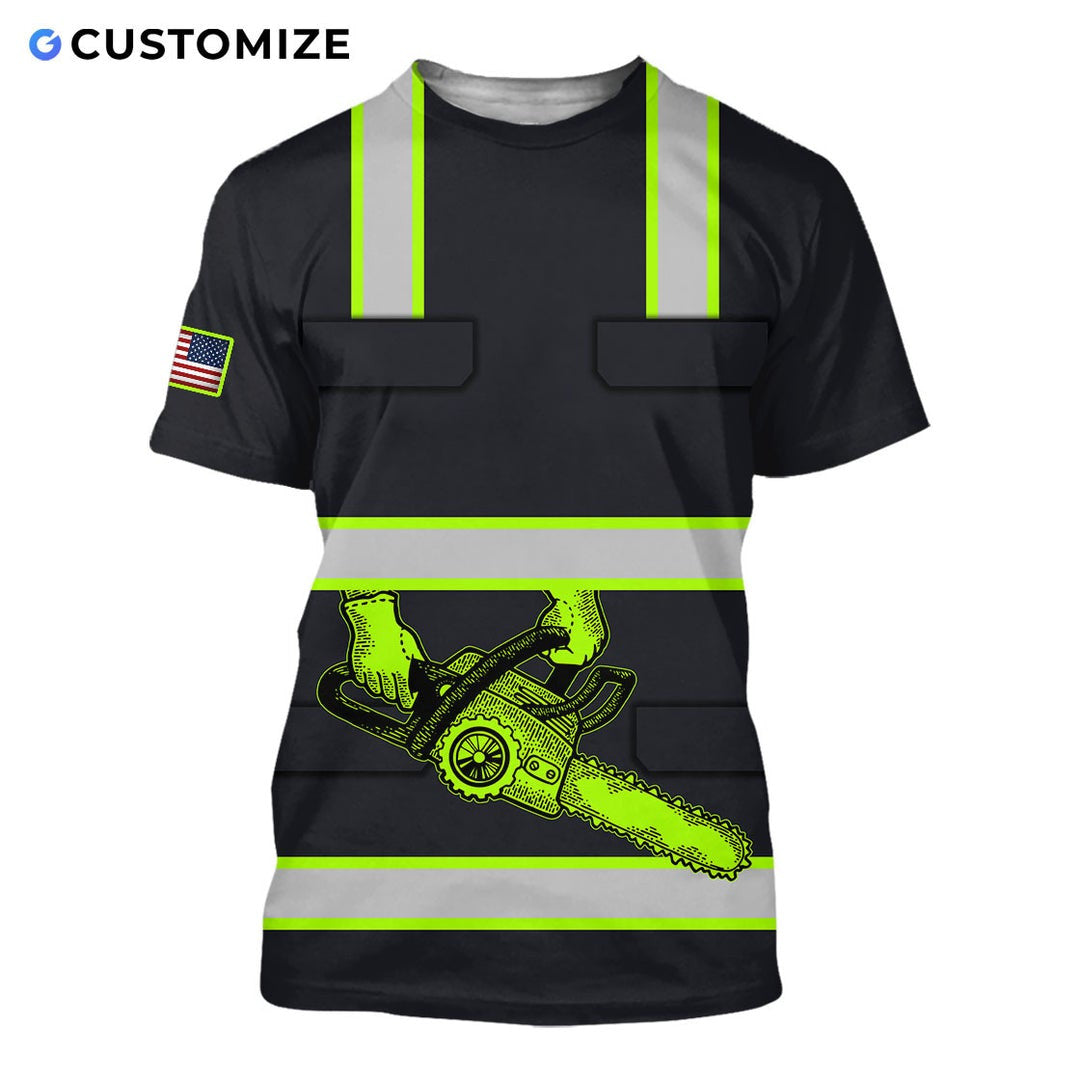 Personalized logger t-shirt featuring black yellow stripe chainsaw all-over print, short-sleeve design