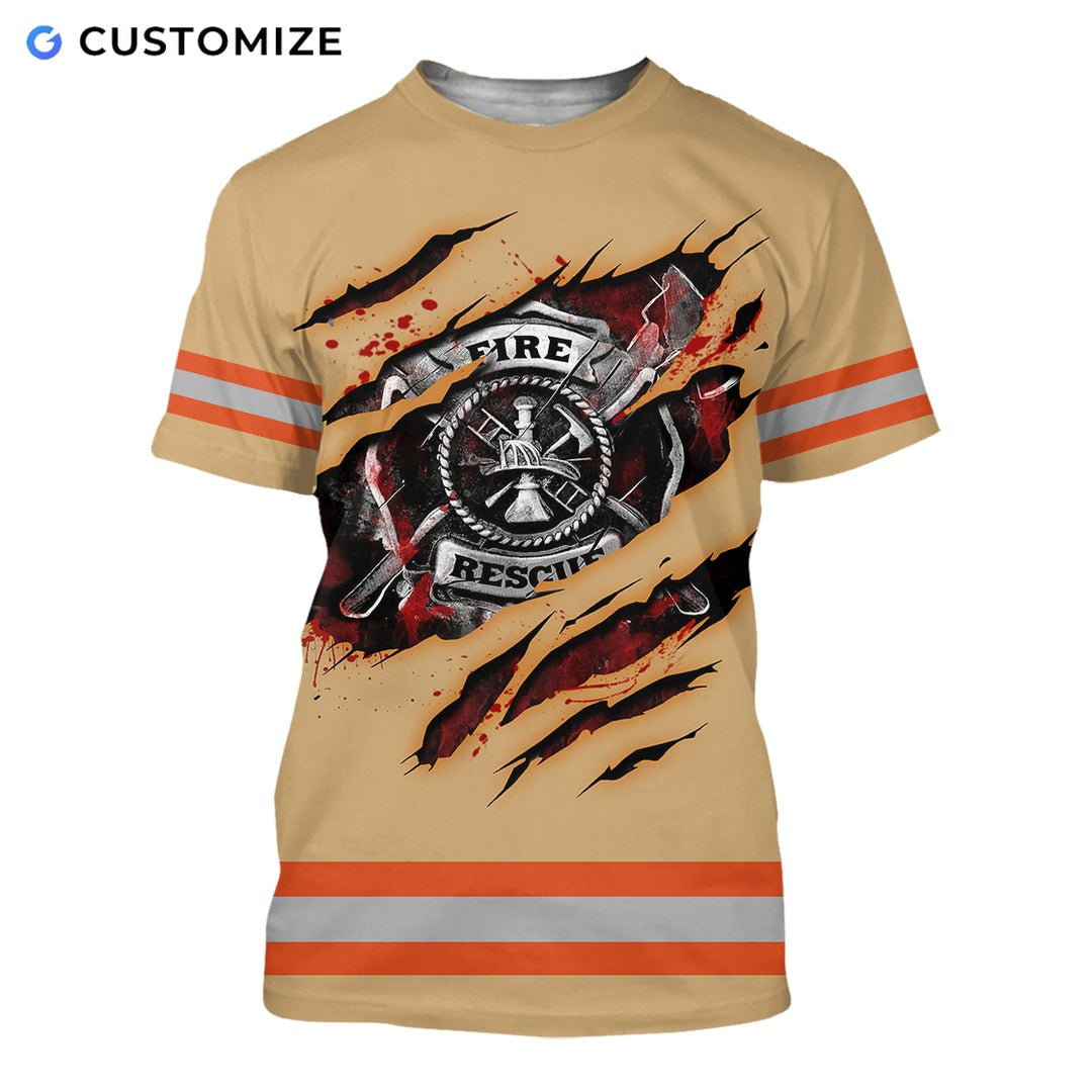 Personalized firefighter t-shirt featuring orange stripe fire rescue print all-over print, short-sleeve design