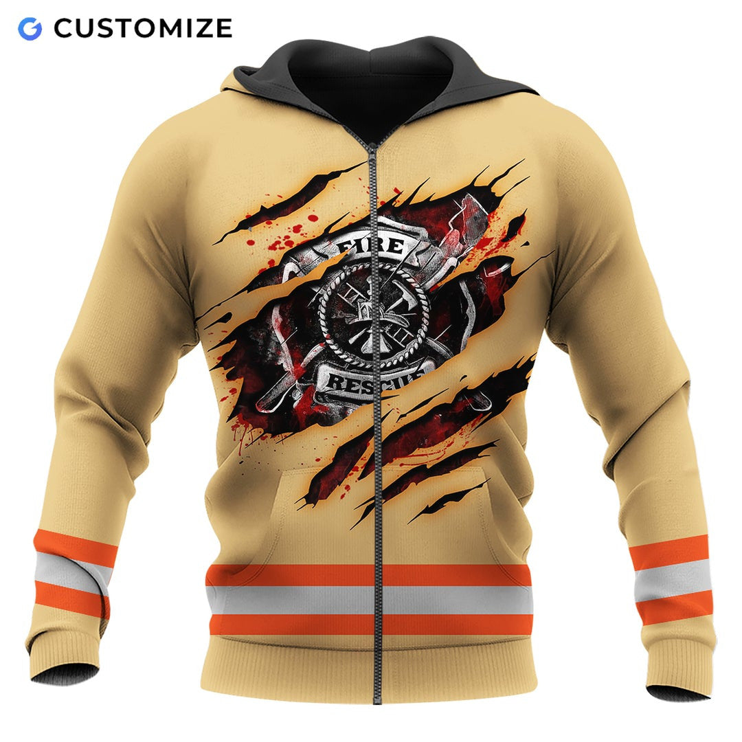 Personalized firefighter zip hoodie featuring orange stripe fire rescue print all-over print, zip-front design