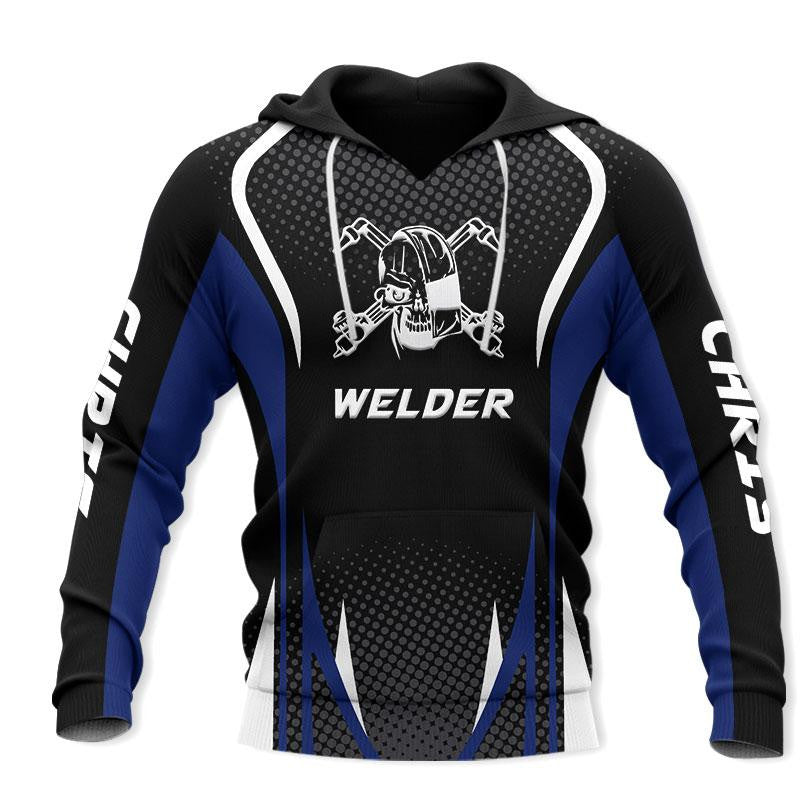 Personalized welder hoodie featuring black blue welding helmet badge all-over print