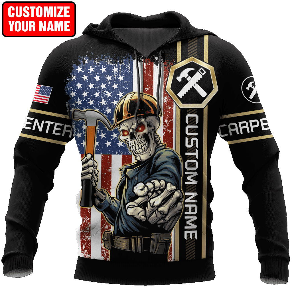 Personalized carpenter hoodie featuring american flag carpenter skull all-over print
