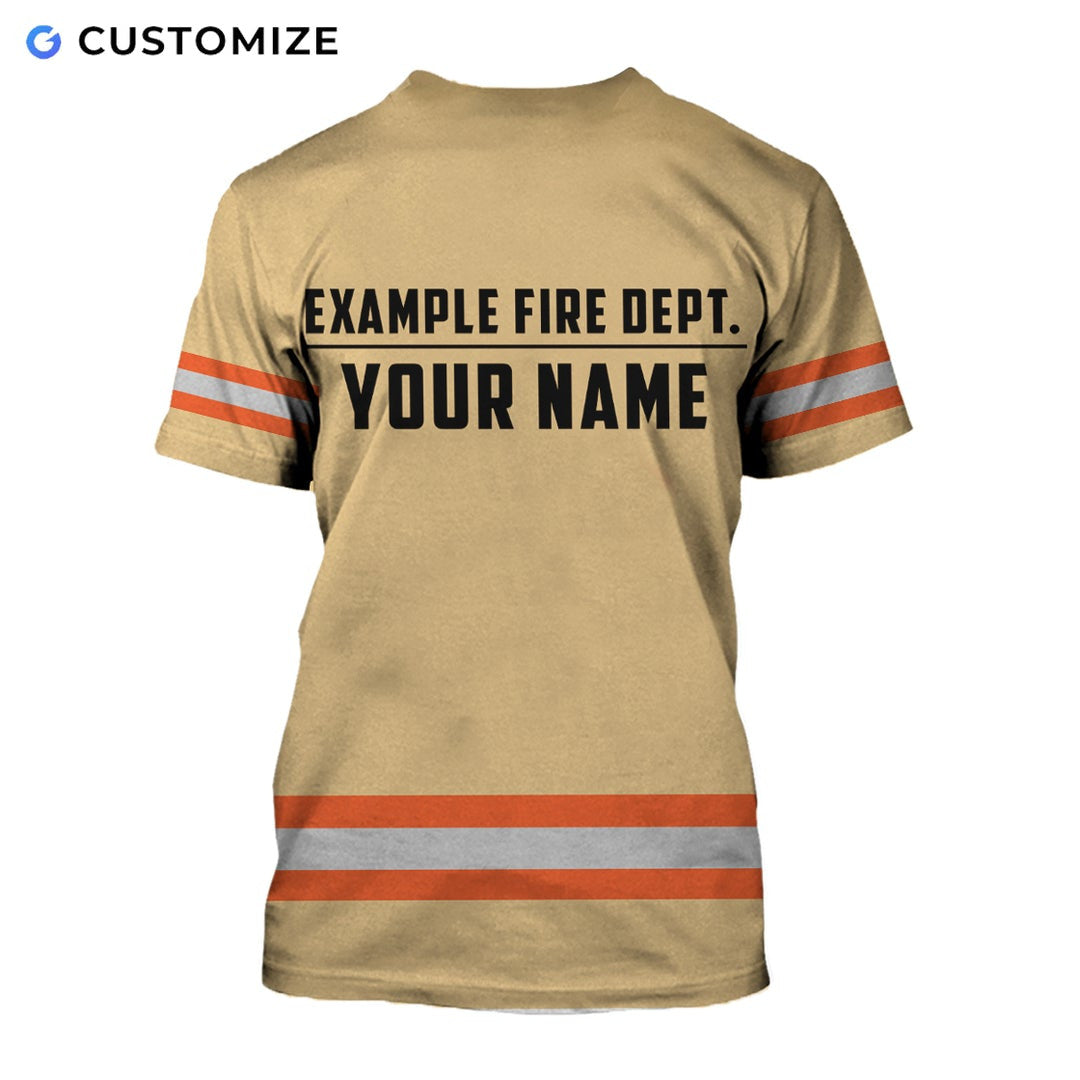 Personalized firefighter t-shirt featuring orange stripe fire rescue print all-over print, back view