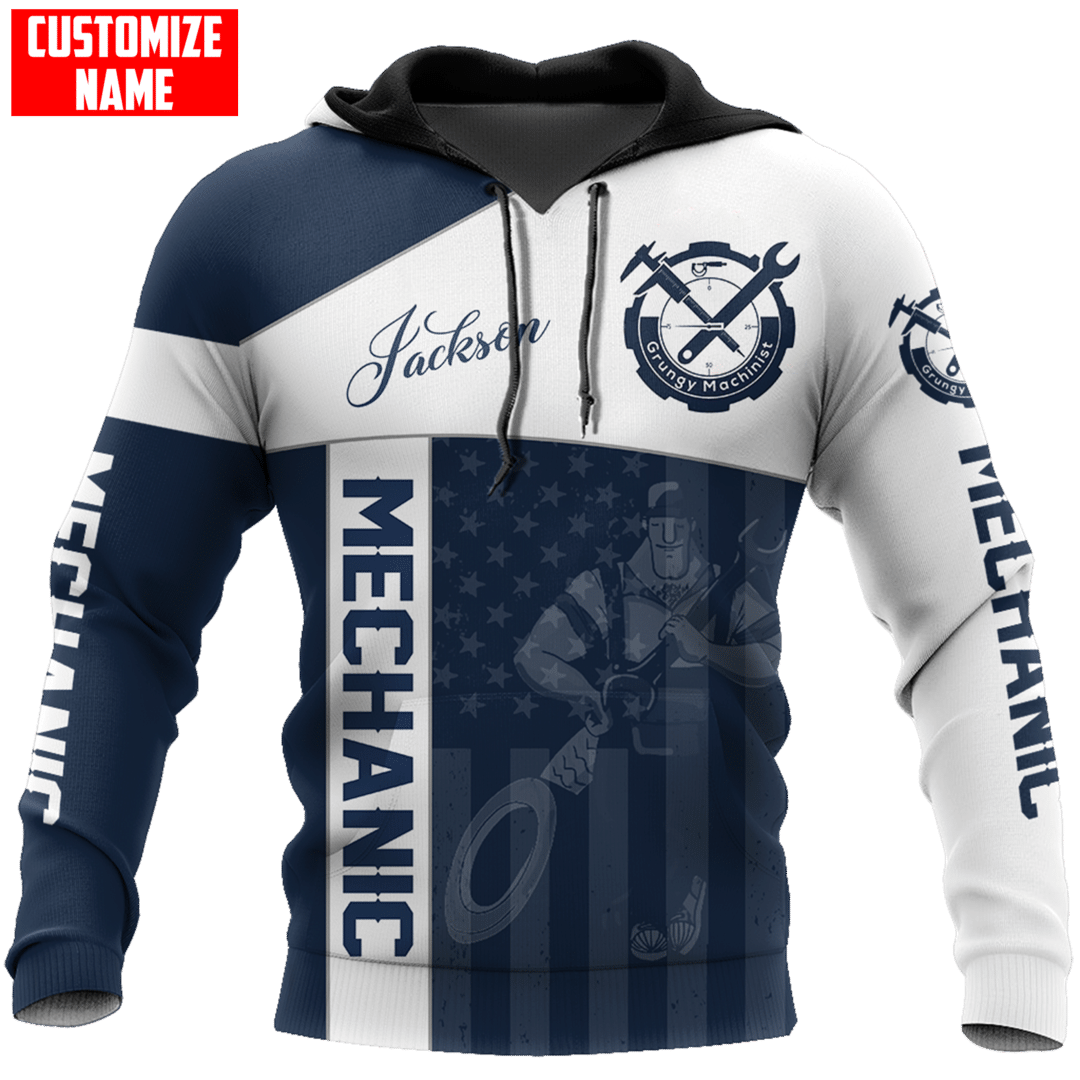 Personalized mechanic hoodie featuring navy white crossed tools all-over print