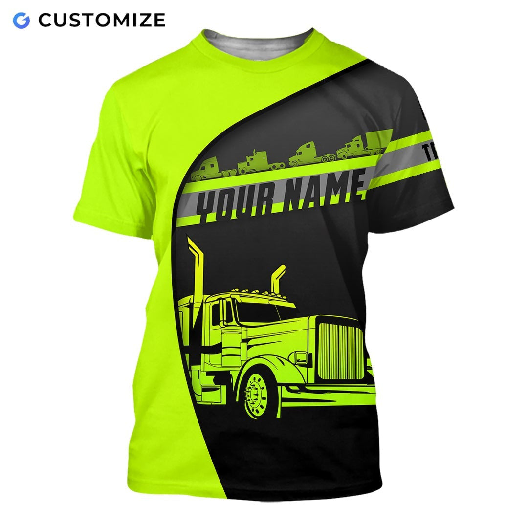 Personalized trucker t-shirt featuring neon yellow black diagonal semi truck all-over print, short-sleeve design