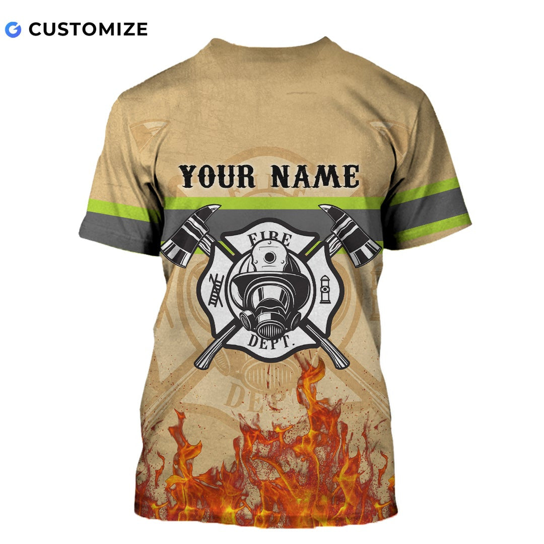 Personalized firefighter t-shirt featuring retired firefighter print all-over print, back view
