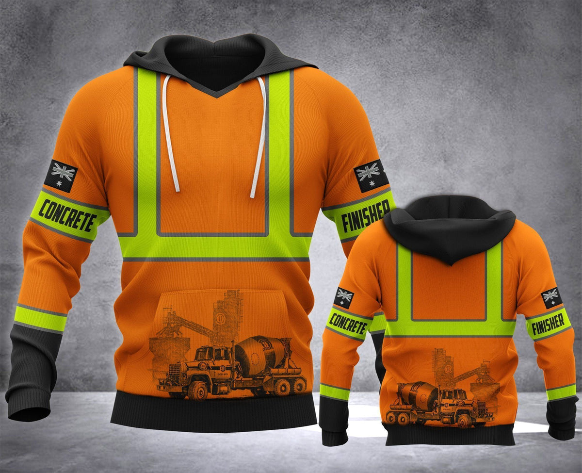 Concrete finisher hoodie featuring orange vest print and concrete mixer all-over print