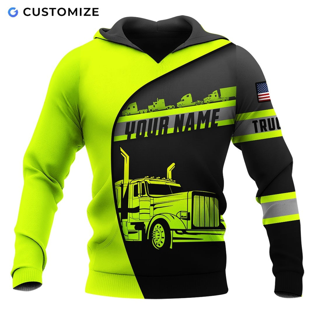 Personalized trucker hoodie featuring neon yellow black diagonal semi truck all-over print