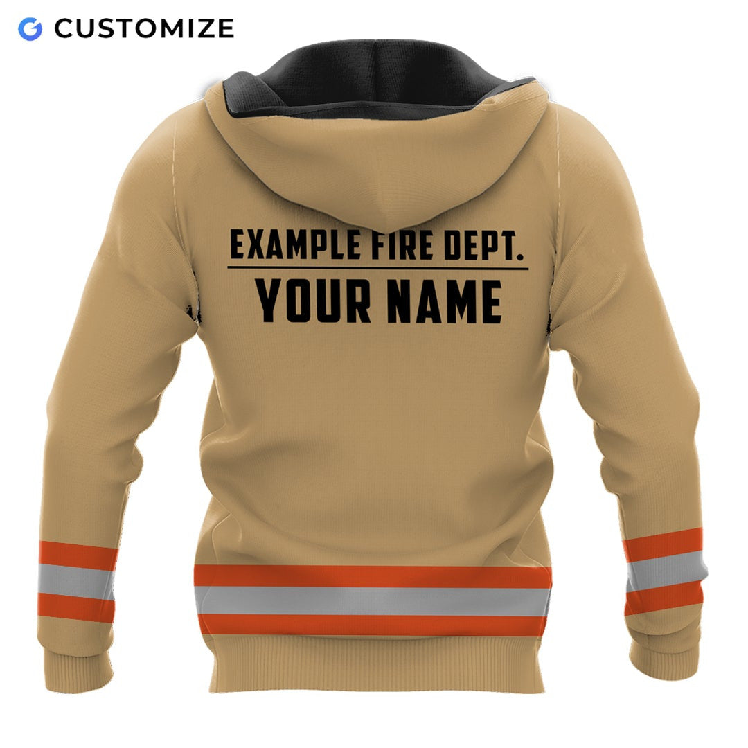 Personalized firefighter hoodie featuring orange stripe fire rescue print all-over print, back view