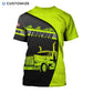 Personalized trucker t-shirt featuring neon yellow black diagonal semi truck all-over print, back view