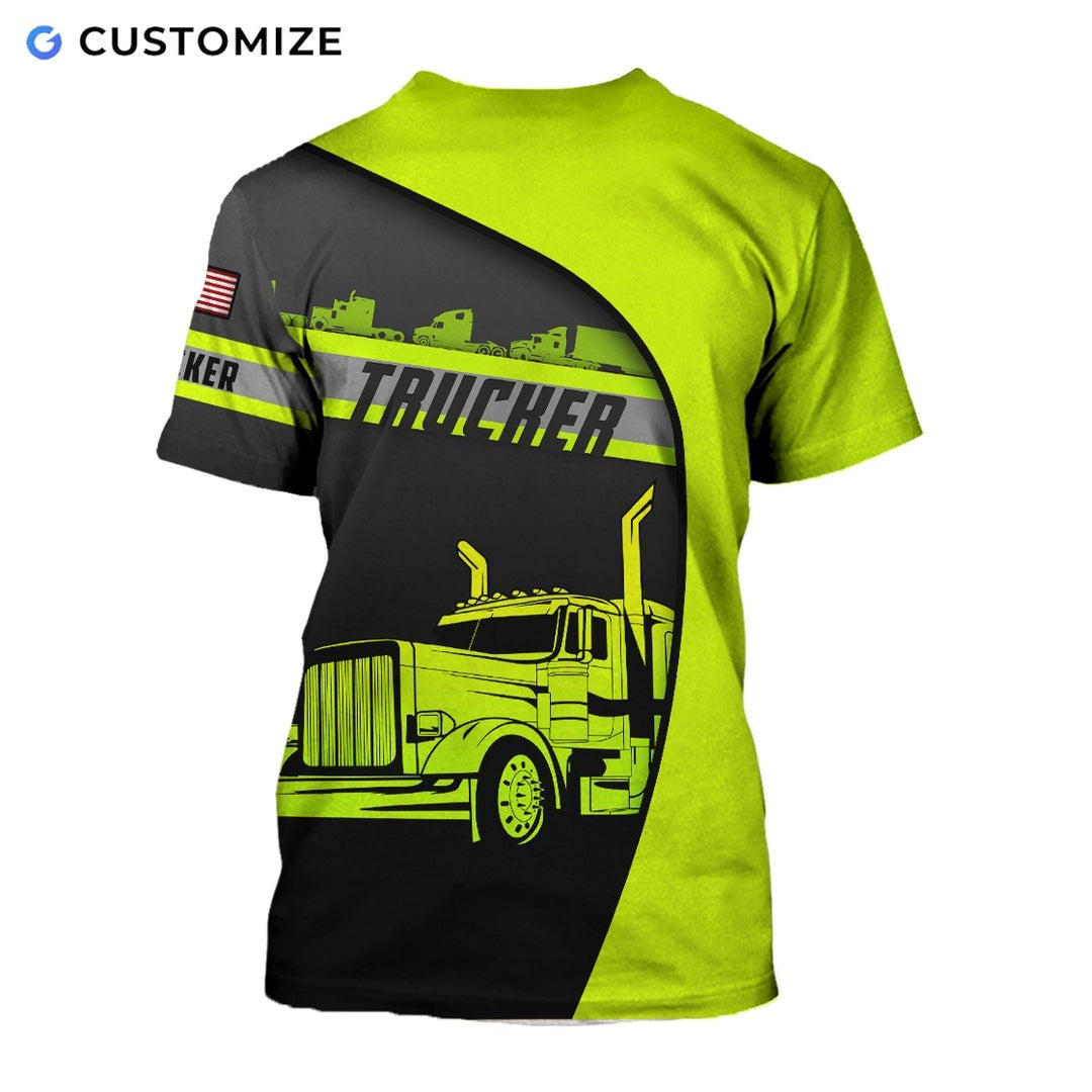 Personalized trucker t-shirt featuring neon yellow black diagonal semi truck all-over print, back view