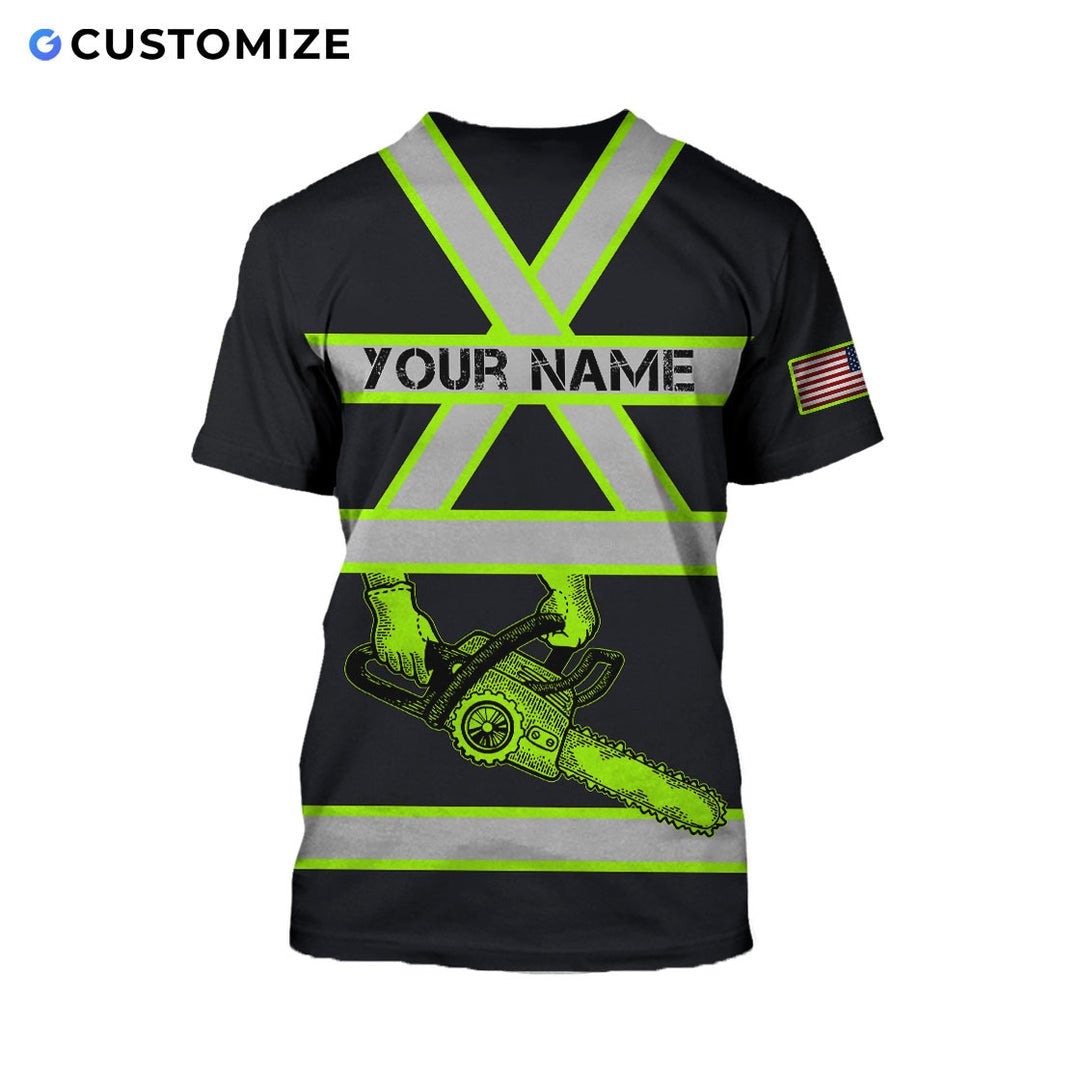 Personalized logger t-shirt featuring black yellow stripe chainsaw all-over print, back view