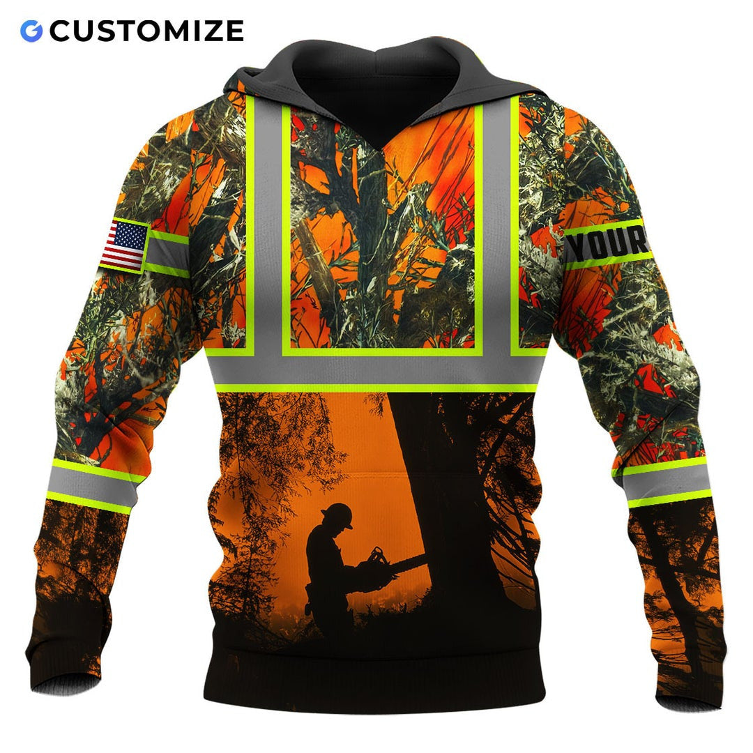 Personalized logger hoodie featuring orange forest logger silhouette all-over print