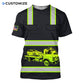 Personalized trucker t-shirt featuring black yellow stripe tanker truck all-over print, short-sleeve design