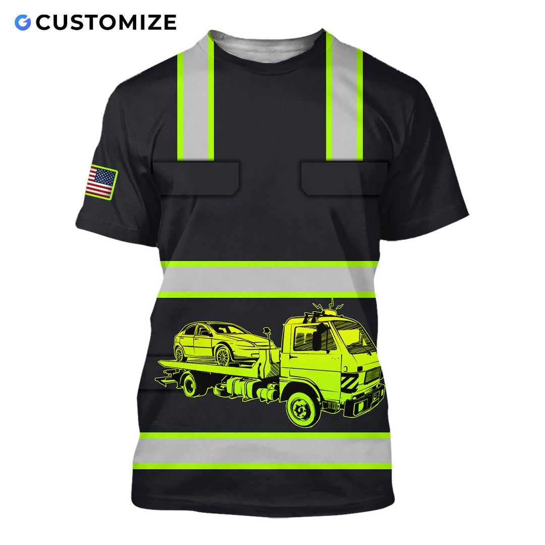 Personalized trucker t-shirt featuring black yellow stripe tanker truck all-over print, short-sleeve design