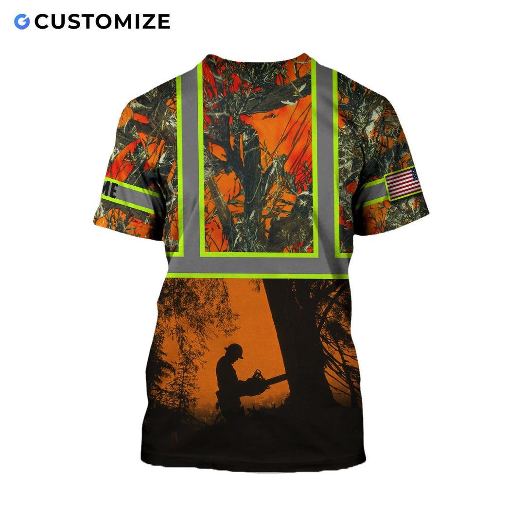 Personalized logger t-shirt featuring orange forest logger silhouette all-over print, back view