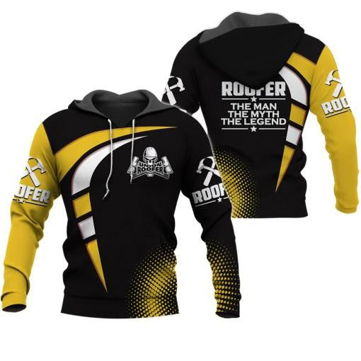 Roofer hoodie featuring black yellow roofer legend all-over print