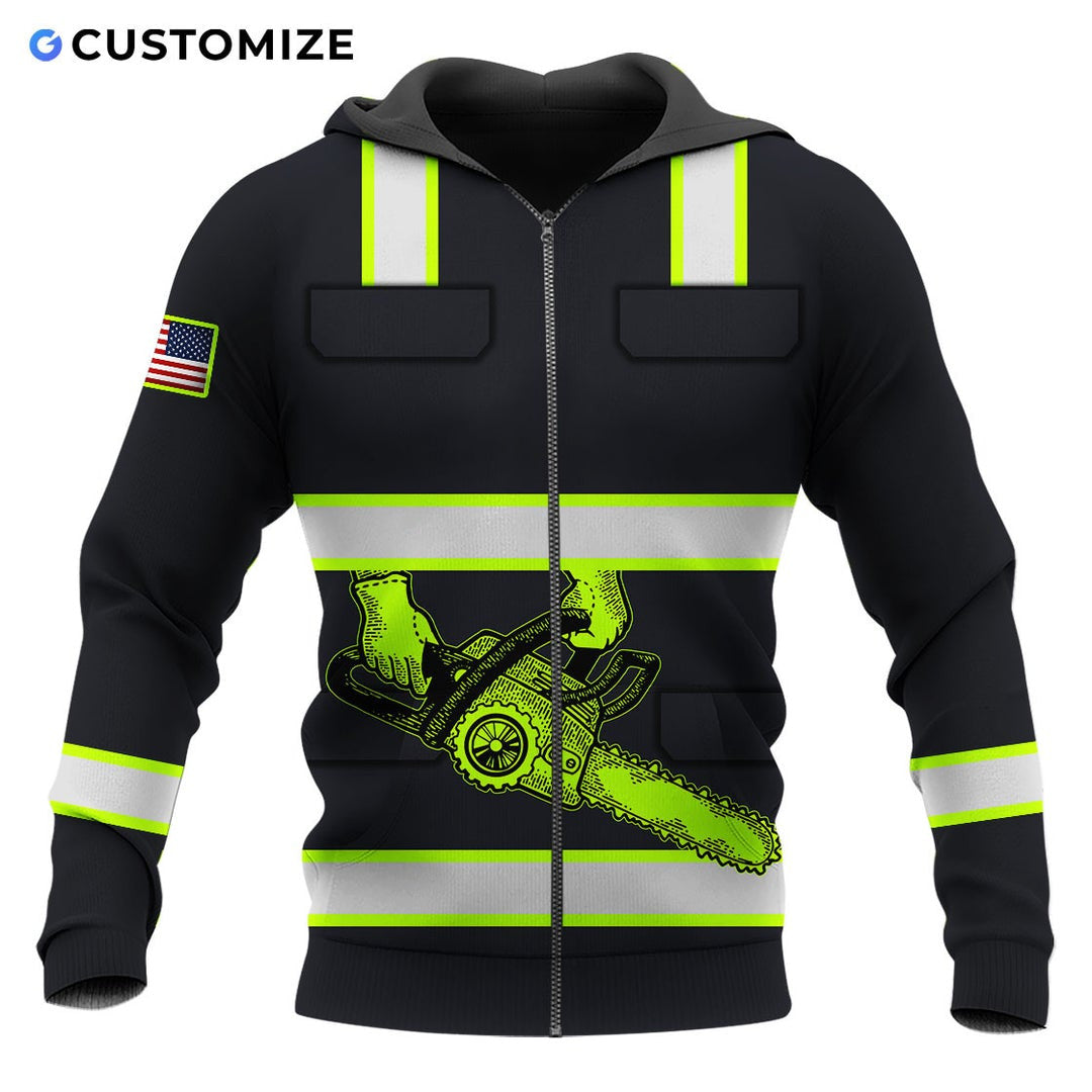 Personalized logger zip hoodie featuring black yellow stripe chainsaw all-over print, zip-front design