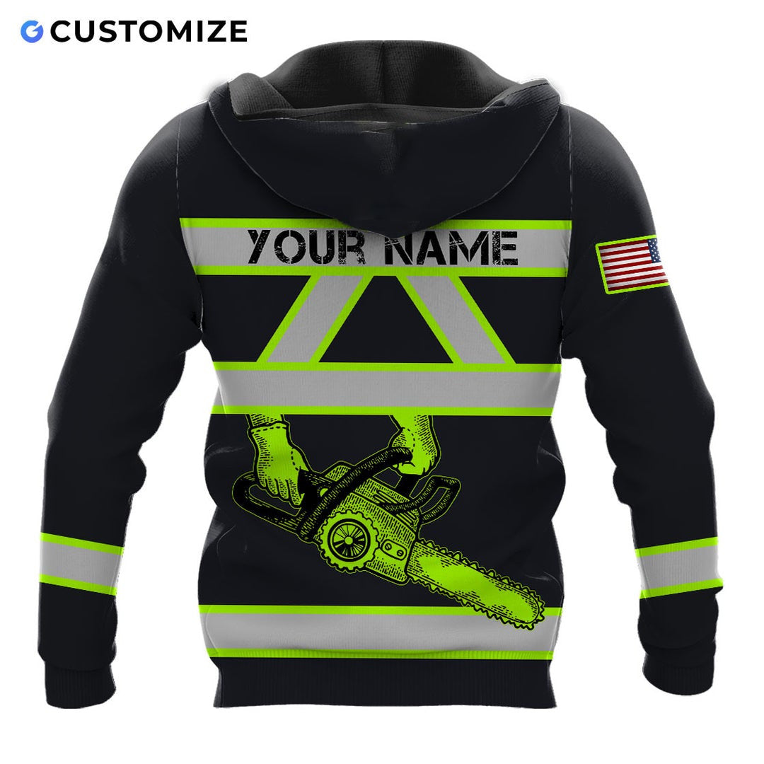 Personalized logger hoodie featuring black yellow stripe chainsaw all-over print, back view