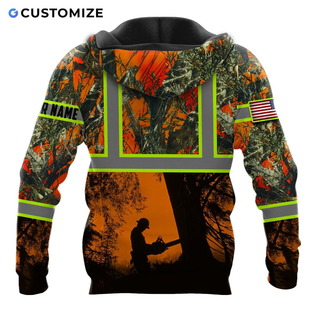 Personalized logger hoodie featuring orange forest logger silhouette all-over print, back view