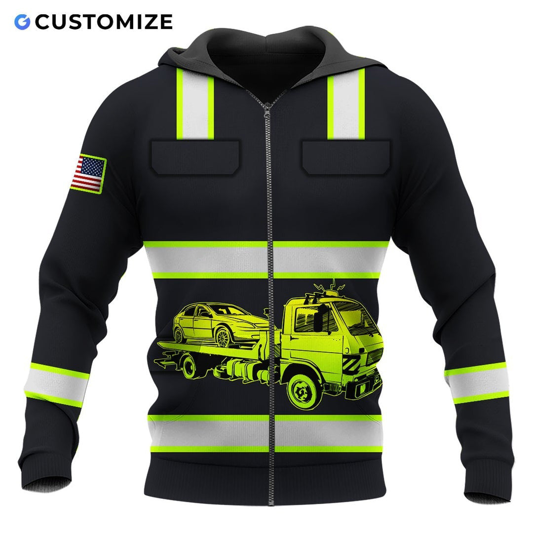 Personalized trucker zip hoodie featuring black yellow stripe tanker truck all-over print, zip-front design